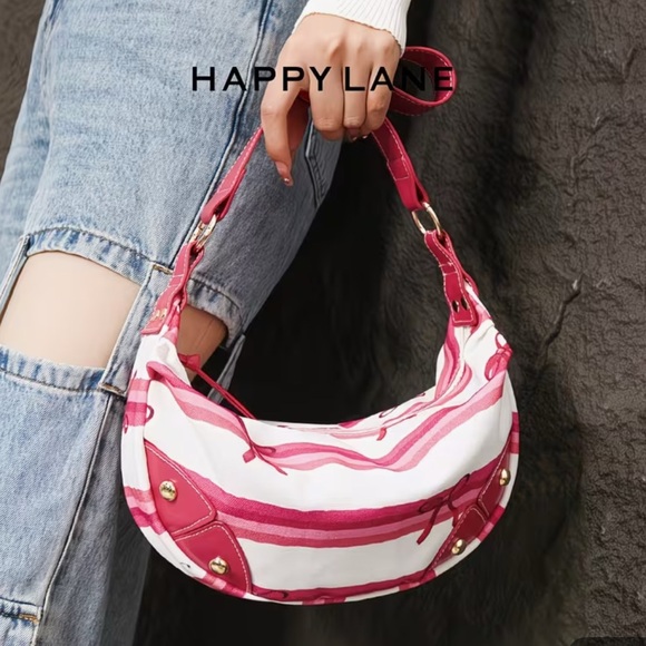 NIP Pink Stripe Coquette Crescent Hobo Shoulder Bag Scarf Print - Picture 6 of 13